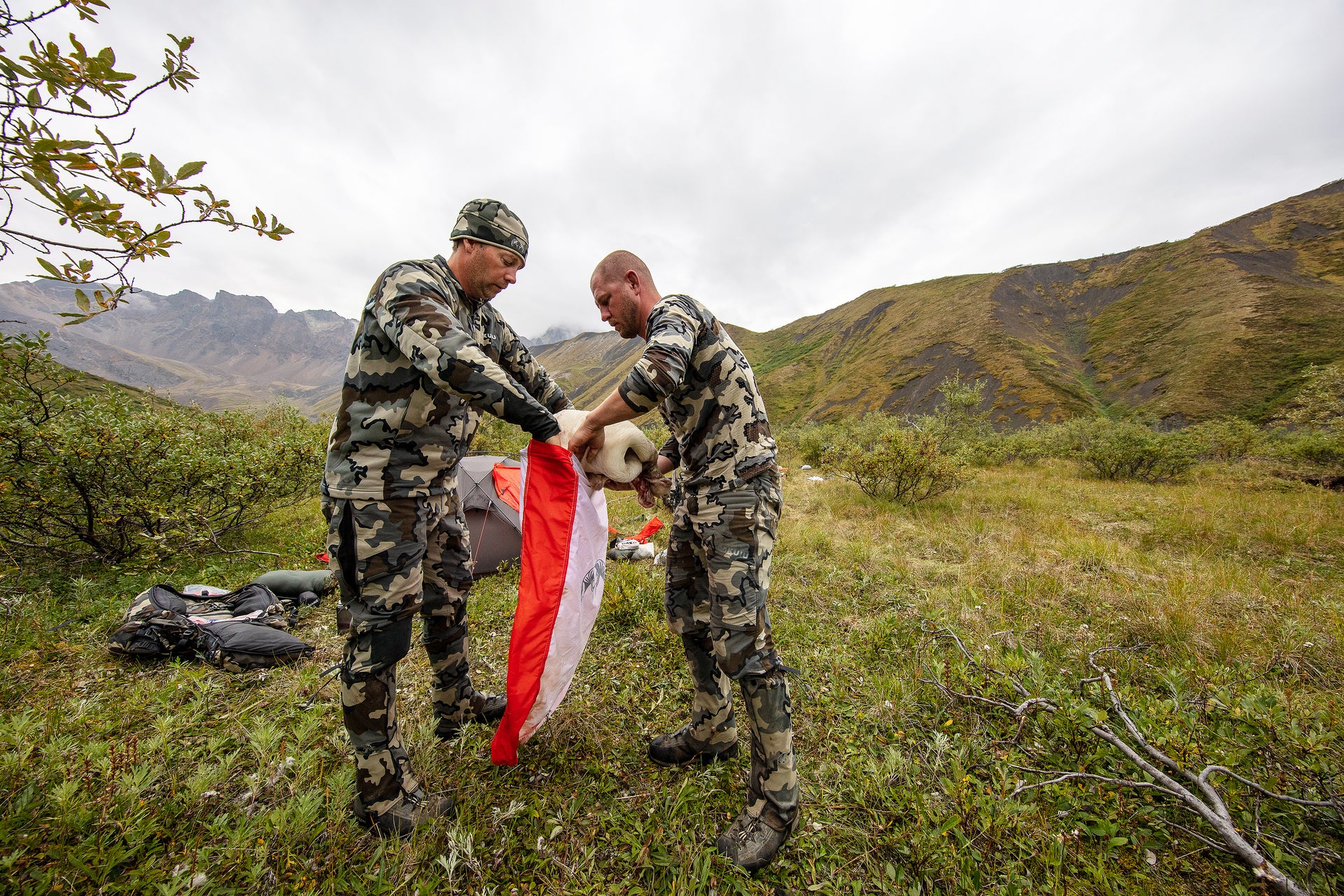 Two hunters stuffing rolled up dall sheep cape and head into quarter game bag for in-field sotrage and care