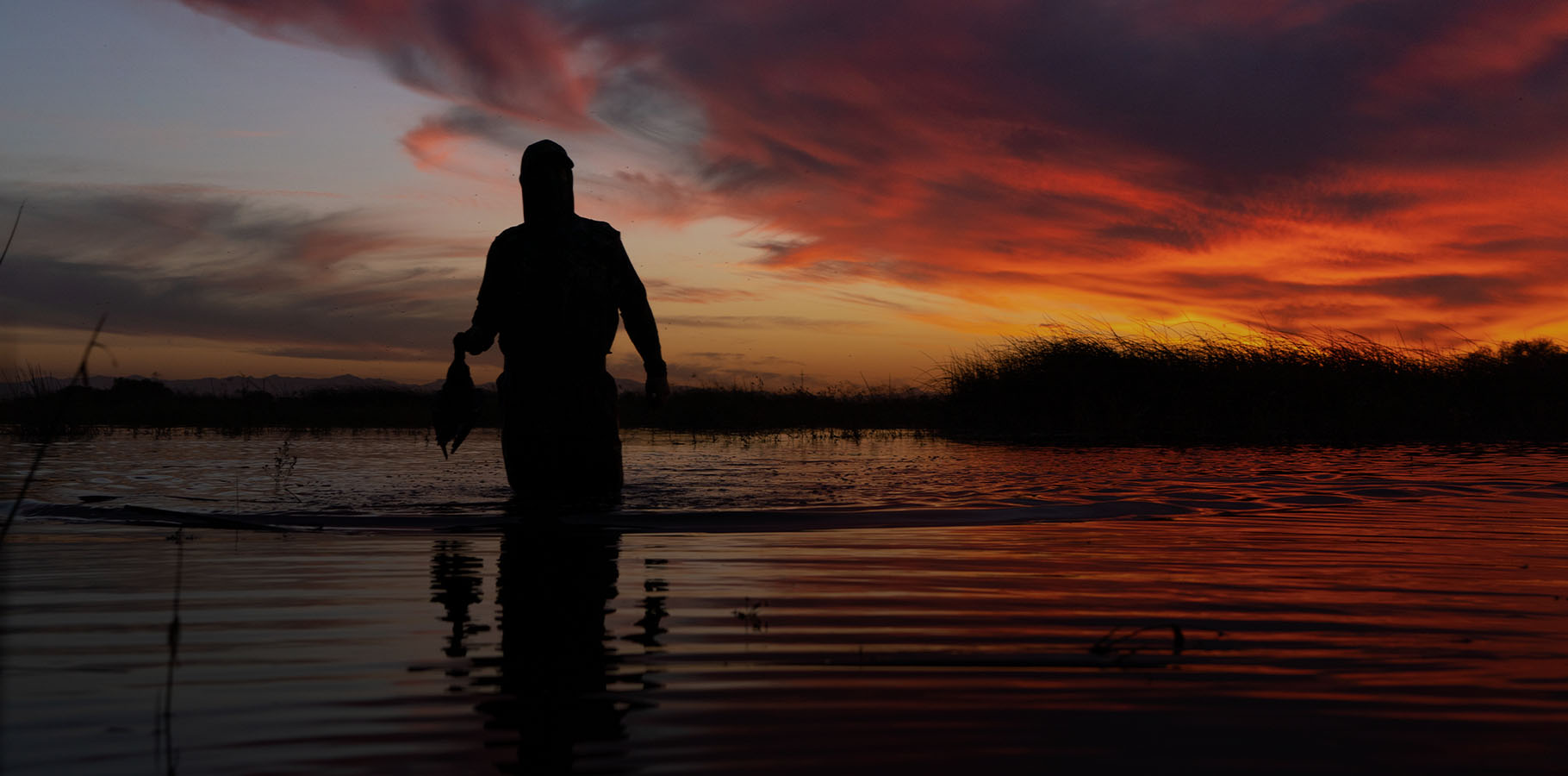 Silouhette of Hunter Holding Harvested Duck at Sunrise