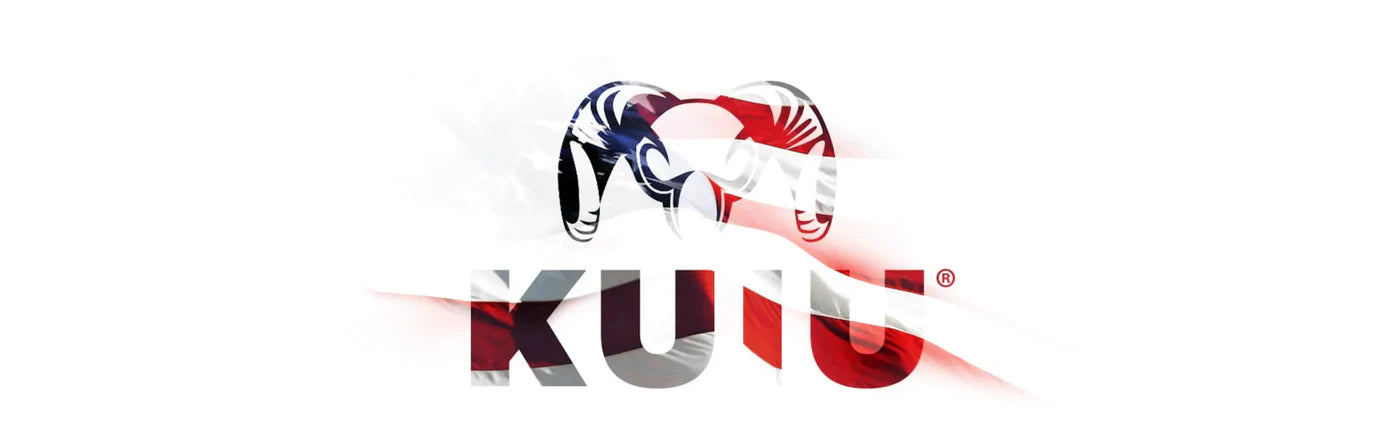 Patriotic image of KUIU logo styled with rippling American flag