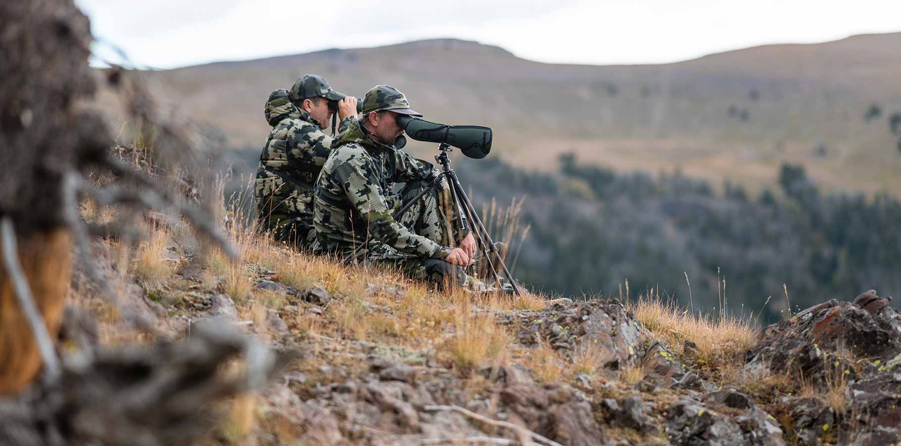 Side of Hunters in Verde Camouflage Glassing Elk Through Optics