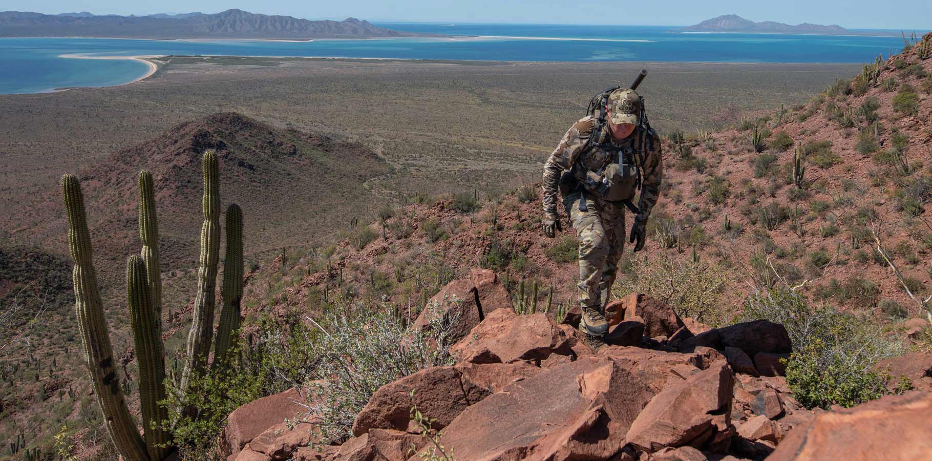 Front of Justin Shaffer in Valo Camouflage Hiking to Glassing Point on Tiburon Island in Mexico