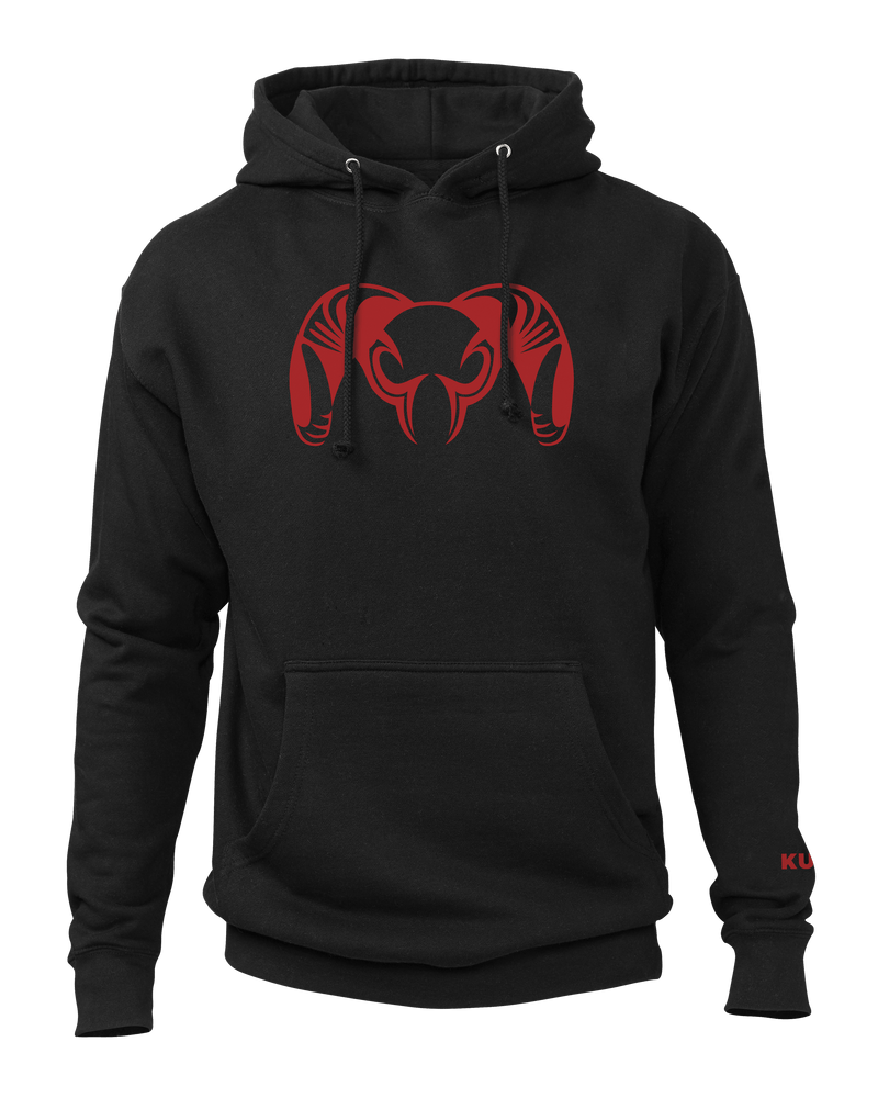 Front of KUIU Big Ram Hoodie in Black with Red KUIU Ram Logo