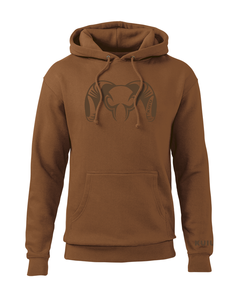 Front of KUIU Engraved Big Ram Hoodie in Saddle Brown