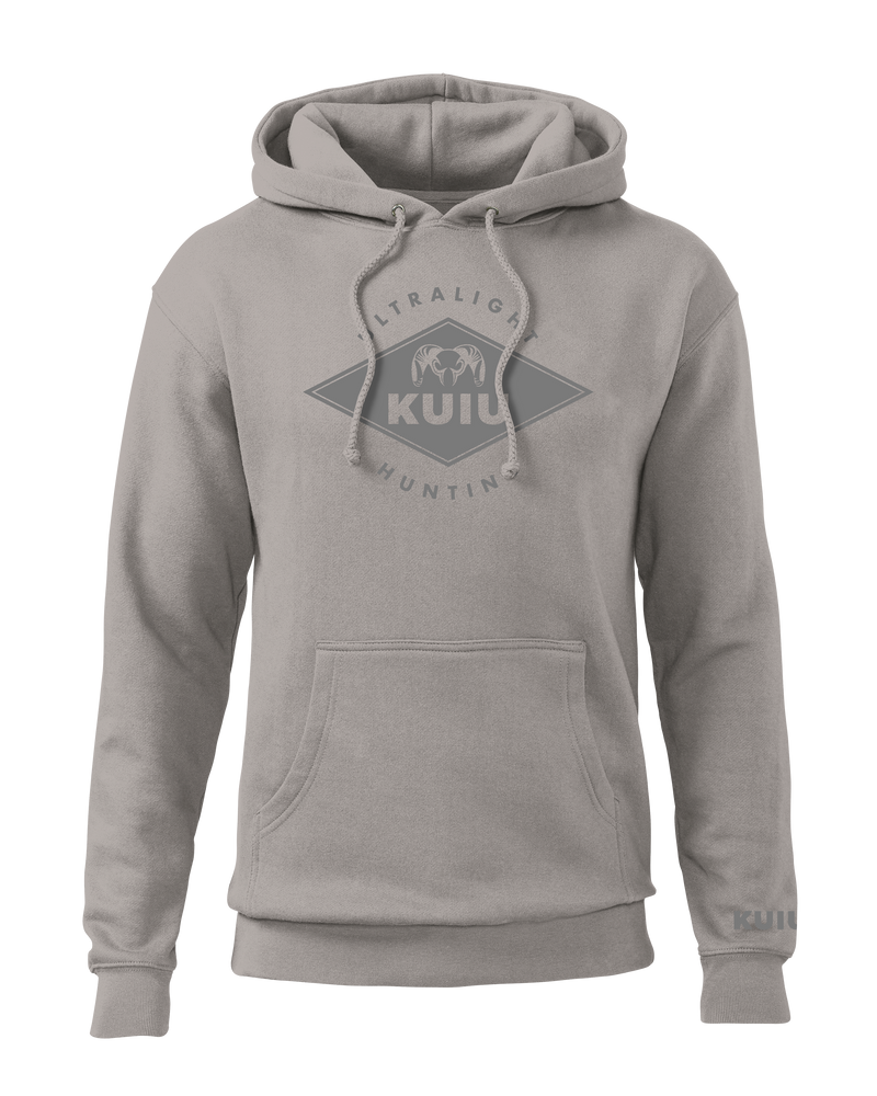 Front of KUIU Ultralight Diamond Hoodie in Cement Grey