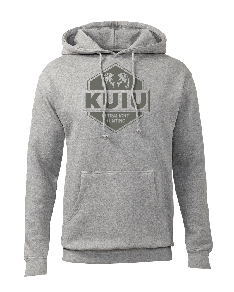 Front of KUIU Badge Hoodie in Heather Grey