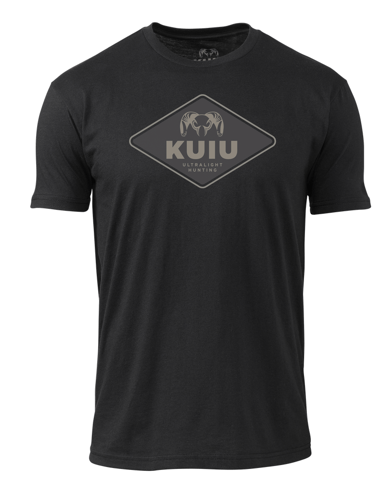 Front of KUIU Ultralight Hunting T-Shirt in Black with diamond shaped logo in center of chest