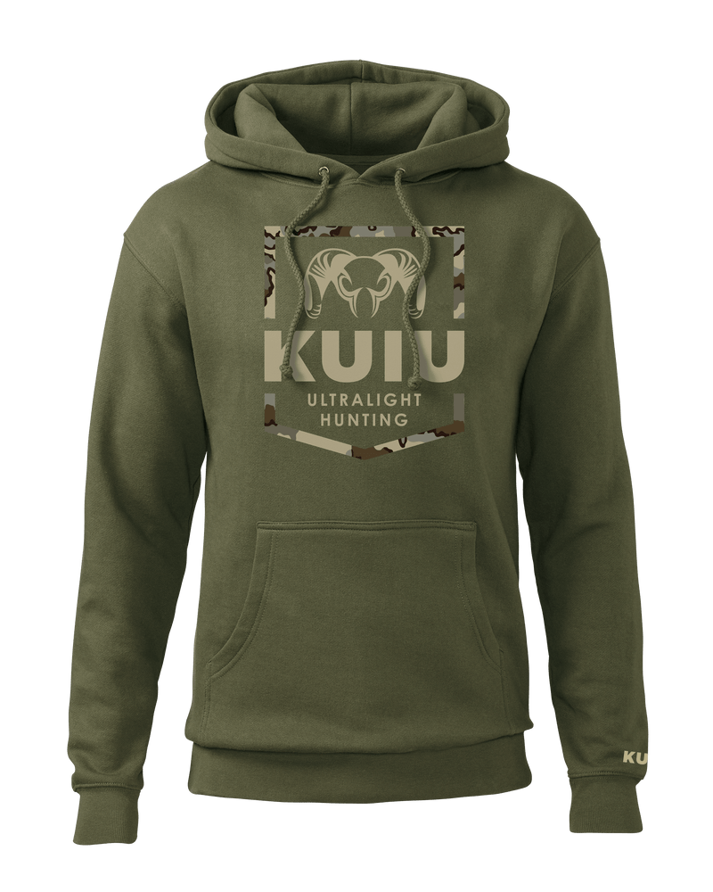 Front of KUIU Vias Shield Hoodie in Army Green