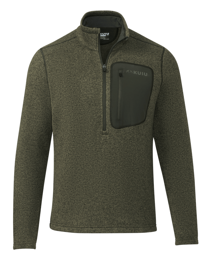 Front of Base Camp Pullover Sweater in Olive Heather Green