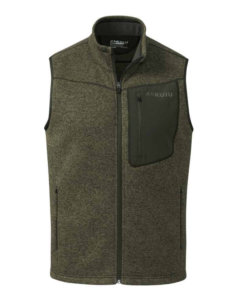 Front of Base Camp Sweater Vest in Olive Heather Green