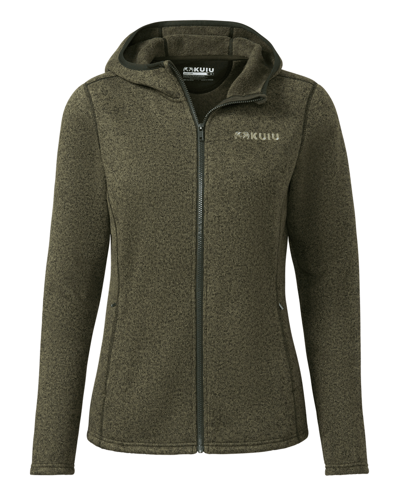 Front of Women's Base Camp Hooded Sweater in Olive Heather Green