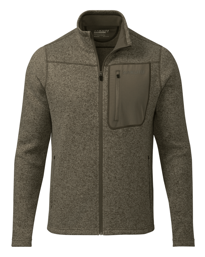 Front of Base Camp Full Zip Sweater in Ash Heather Brown