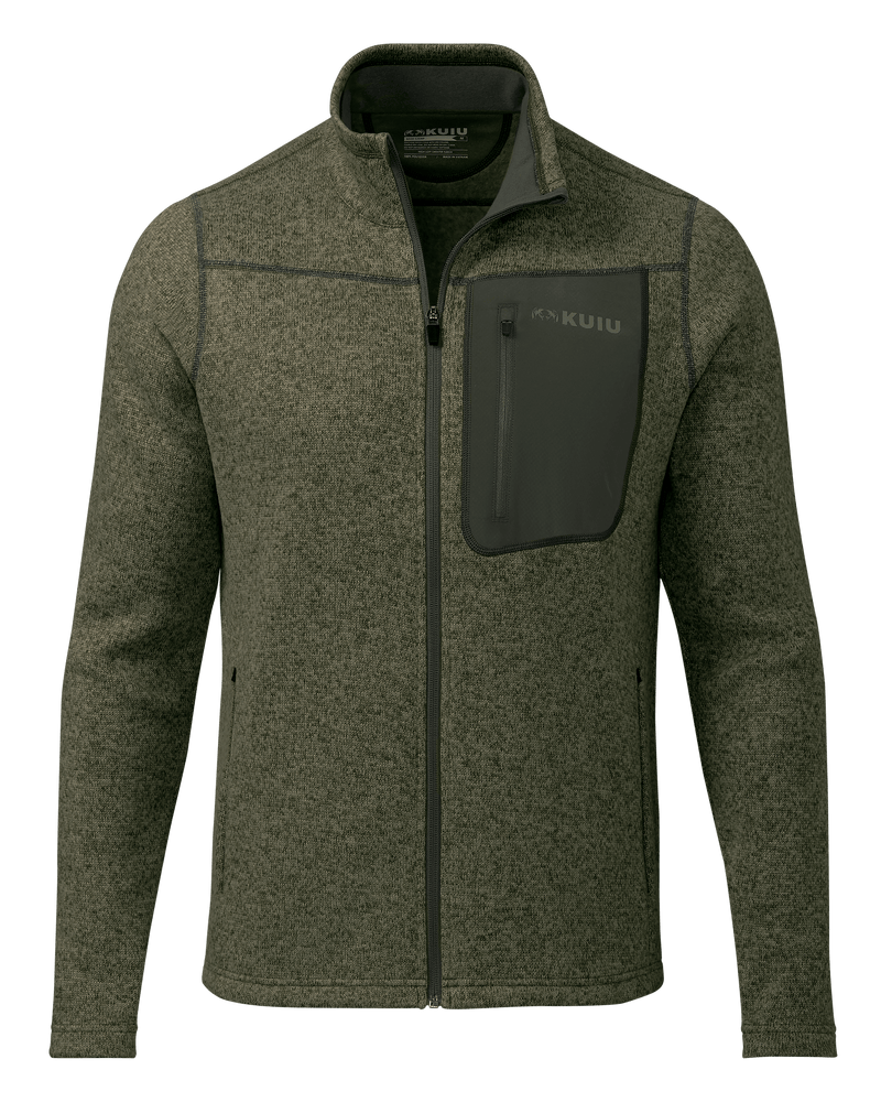 Front of Base Camp Full Zip Sweater in Olive Heather Green