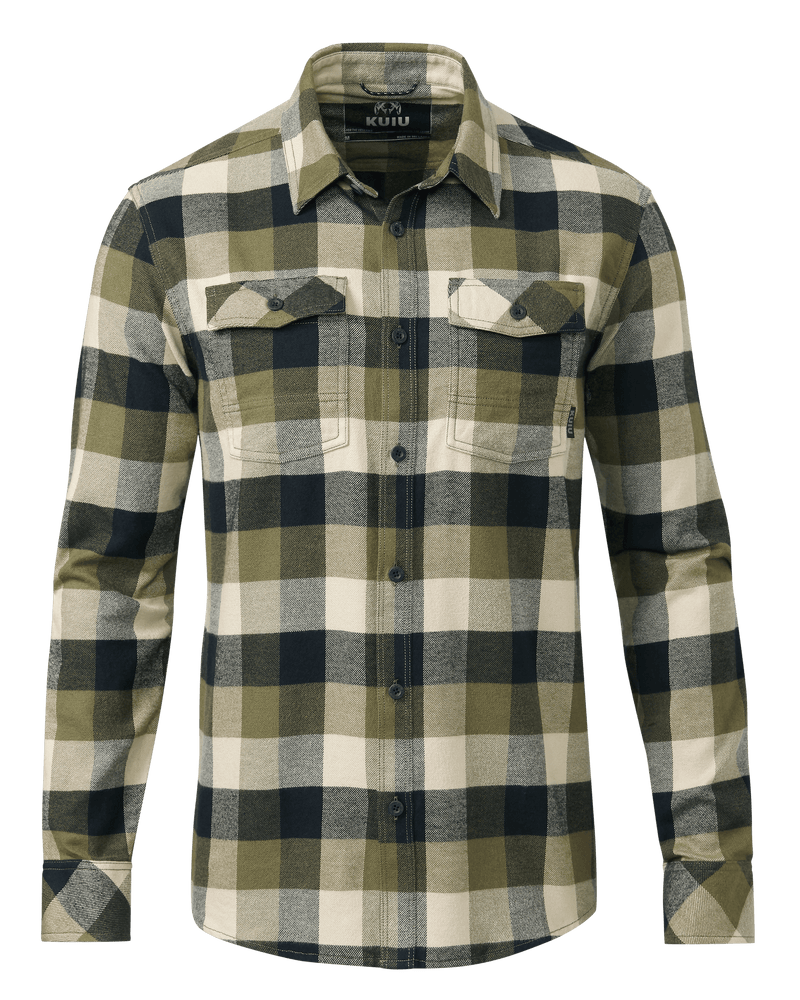 Front of Field Flannel Shirt in Forage Trio Plaid