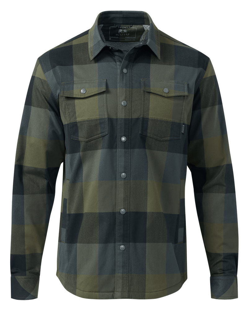 Front of Fleece Lined Flannel Shirt Jacket in Verde Plaid