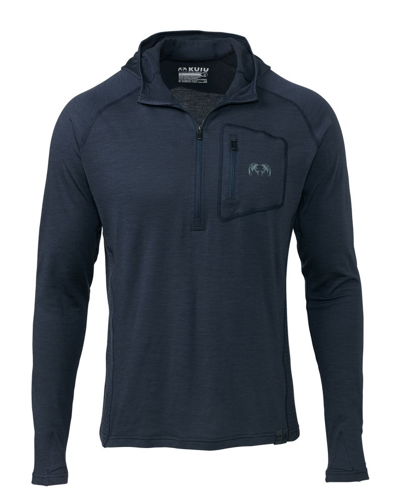 Front of ULTRA Merino 145 Zip-T Hoodie Shirt in Steel Blue