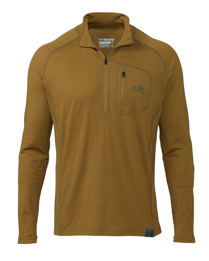 Front of ULTRA Merino 145 Zip-T Hunting Shirt in Buckskin