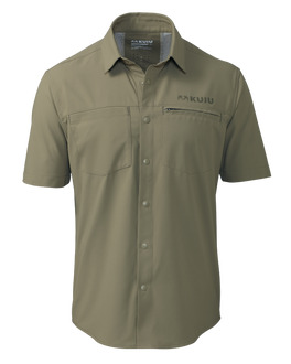 Front of Mesa Vented Short Sleeve Snap Shirt in Khaki