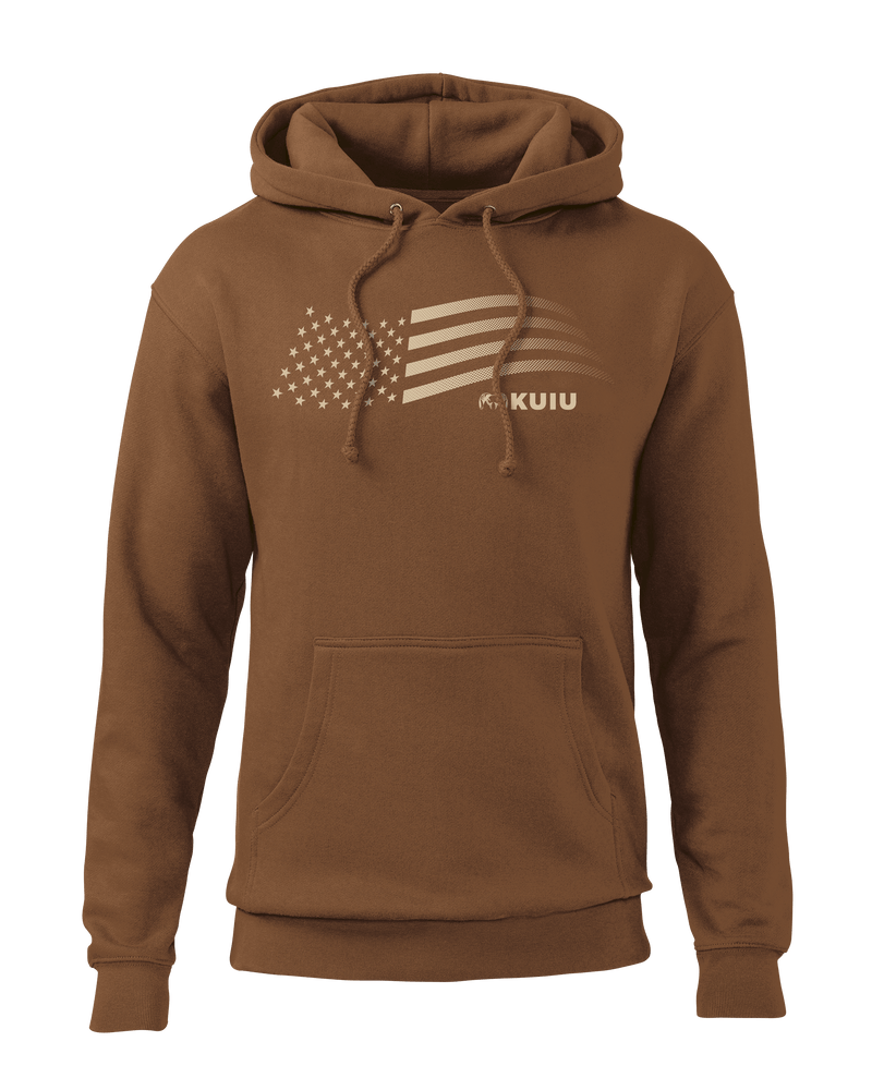 Front of KUIU Flag Hoodie in Saddle Brown