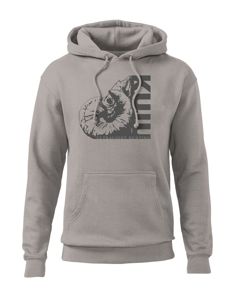 Front of KUIU Skull Hoodie in Cement Grey