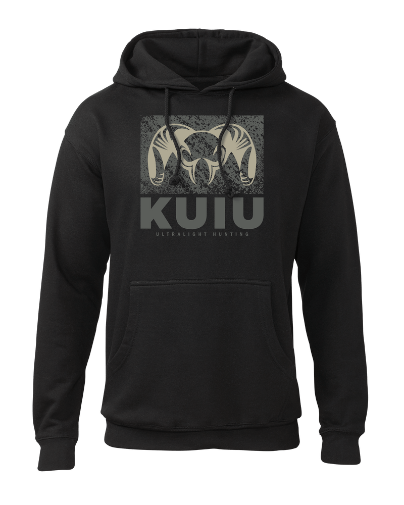 Front of KUIU Distressed Box Logo Hoodie in Black