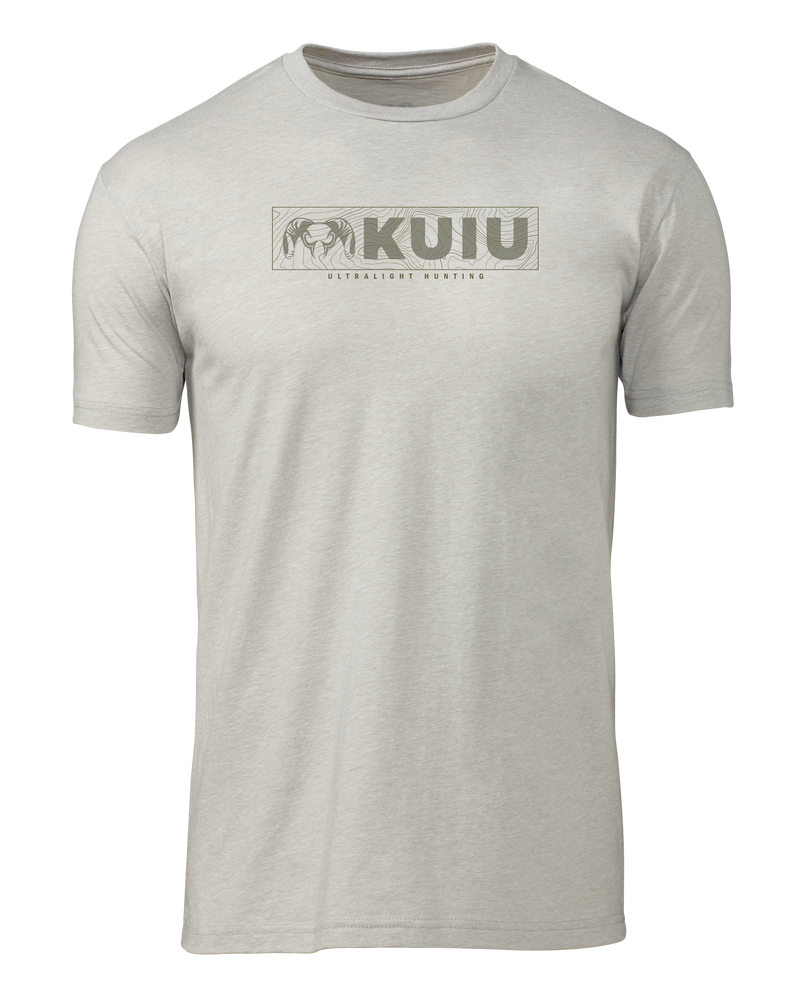 Front of KUIU Topo Block Logo T-Shirt in Silk Khaki