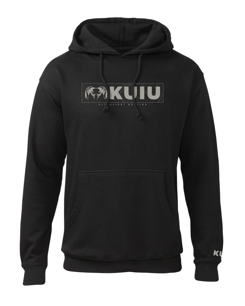 Front of KUIU Topo Block Logo Hoodie in Black