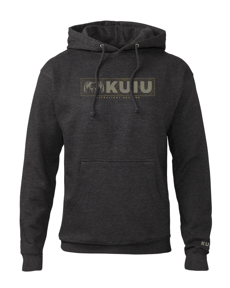 Front of KUIU Topo Block Logo Hoodie in Charcoal Grey