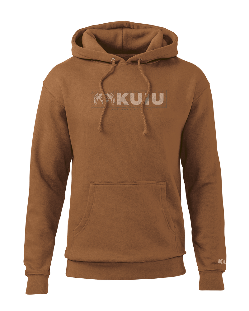 Front of KUIU Topo Block Logo Hoodie in Saddle Brown