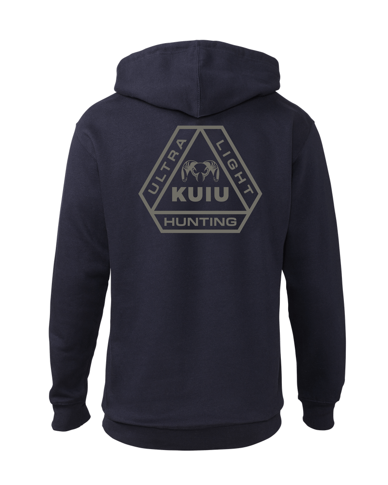 Back of KUIU Prism Hoodie in Navy Blue