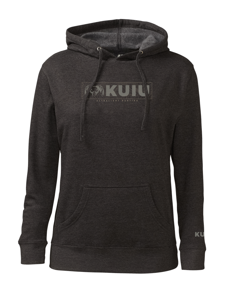 Front of Women's Topo Block Logo Hoodie in Charcoal Grey