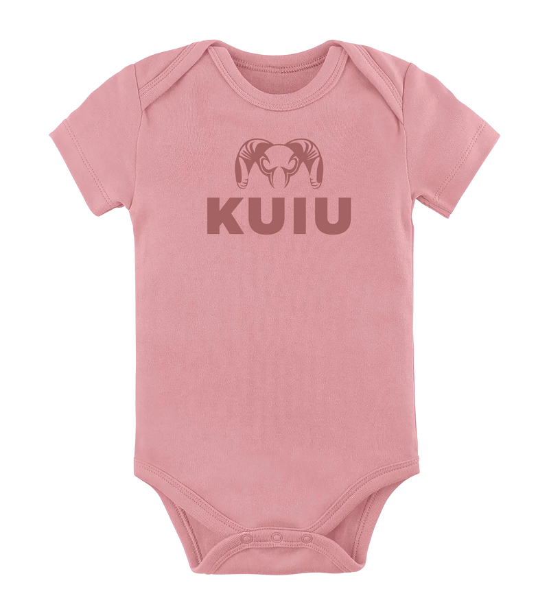 Front of KUIU Stacked Logo Baby One-Piece in Rose Pink