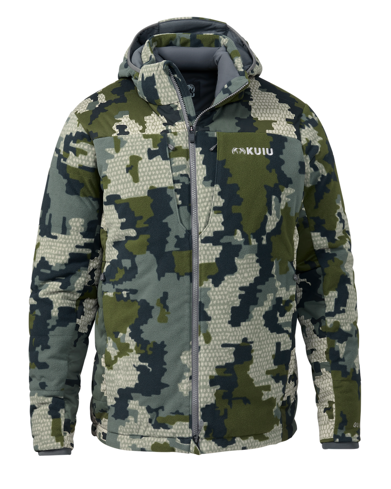 Front of Super Down Haven Hooded Jacket in Verde Camouflage