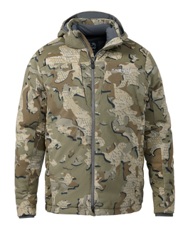 Front of Super Down Haven Hooded Jacket in Valo Camouflage