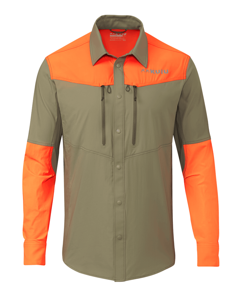 Front of KUIU Upland Sport Shirt in Khaki/Blaze Orange