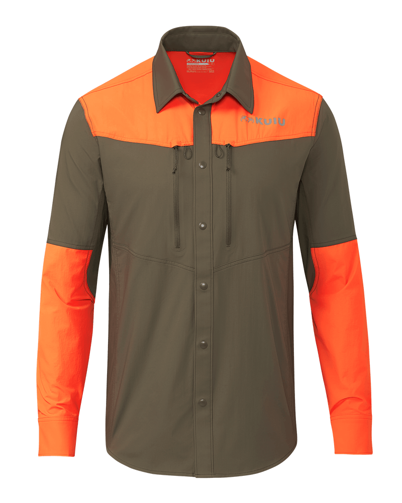 Front of KUIU Upland Sport Shirt in Major Brown/Blaze Orange