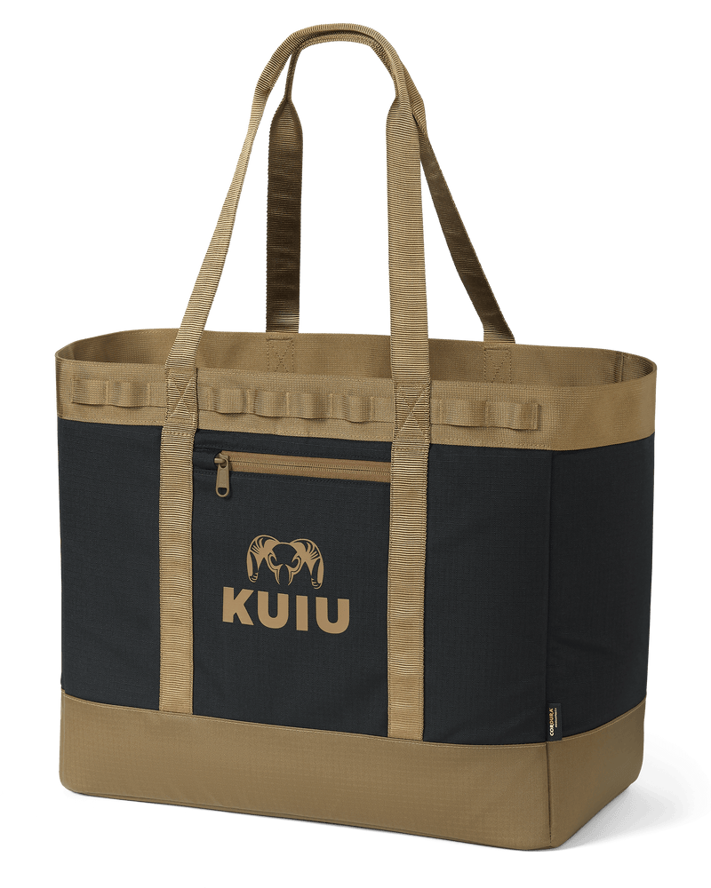 Front of KUIU CORDURA® 2800 Structured Tote Bag in color blocked black and brown