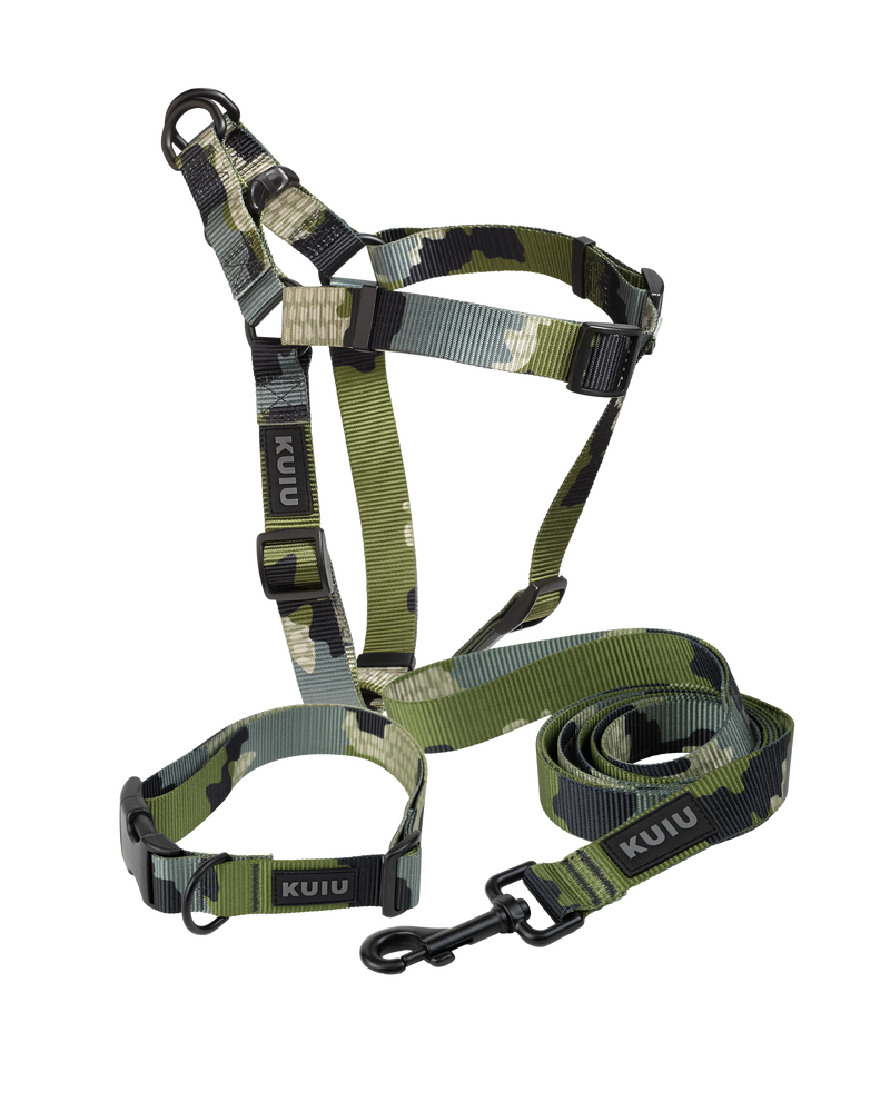 Happy Dog Gift Set in Verde Camouflage includes Camo Webbing Dog Collar, Camo Webbing Dog Leash and Camo Webbing Dog Harness 