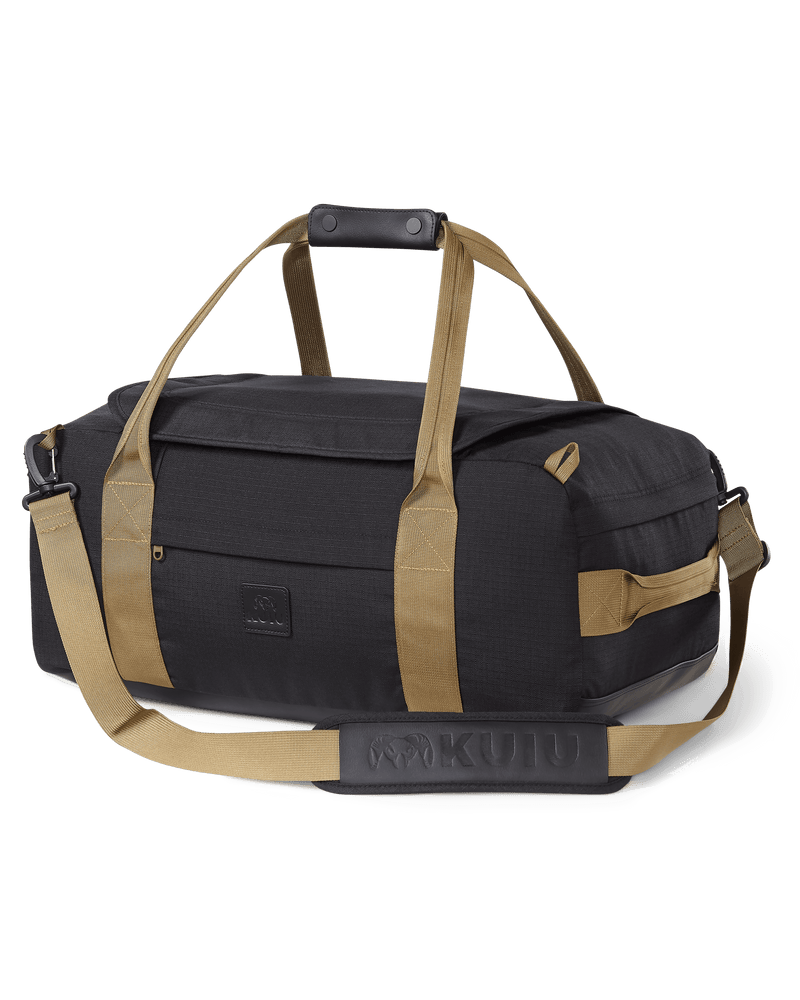 Front, Angled View of Base Camp Cordura Duffel in Black and Brown Color