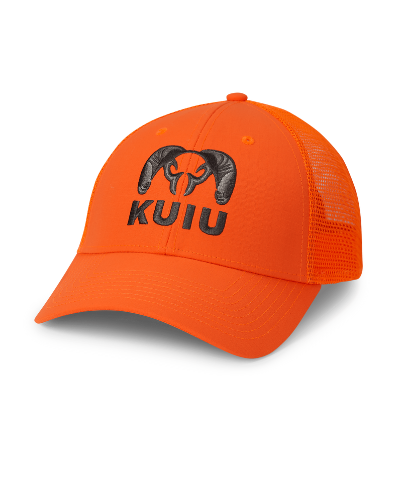 Front of PRO Mesh Back CORDURA® Hat in Blaze Orange with Black embroidered KUIU Logo