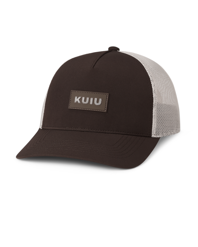 Front of 3D logo Patch Hat in Brown