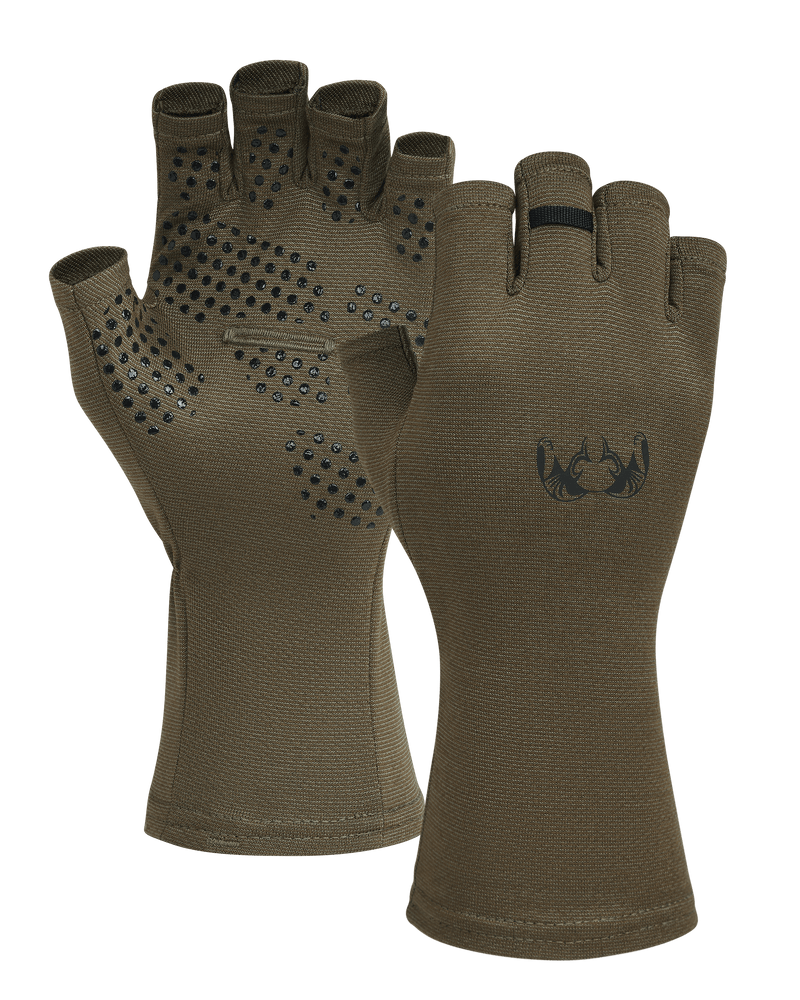 Front and Back of Ultra Merino 210 Fingerless Glove in Ash Brown