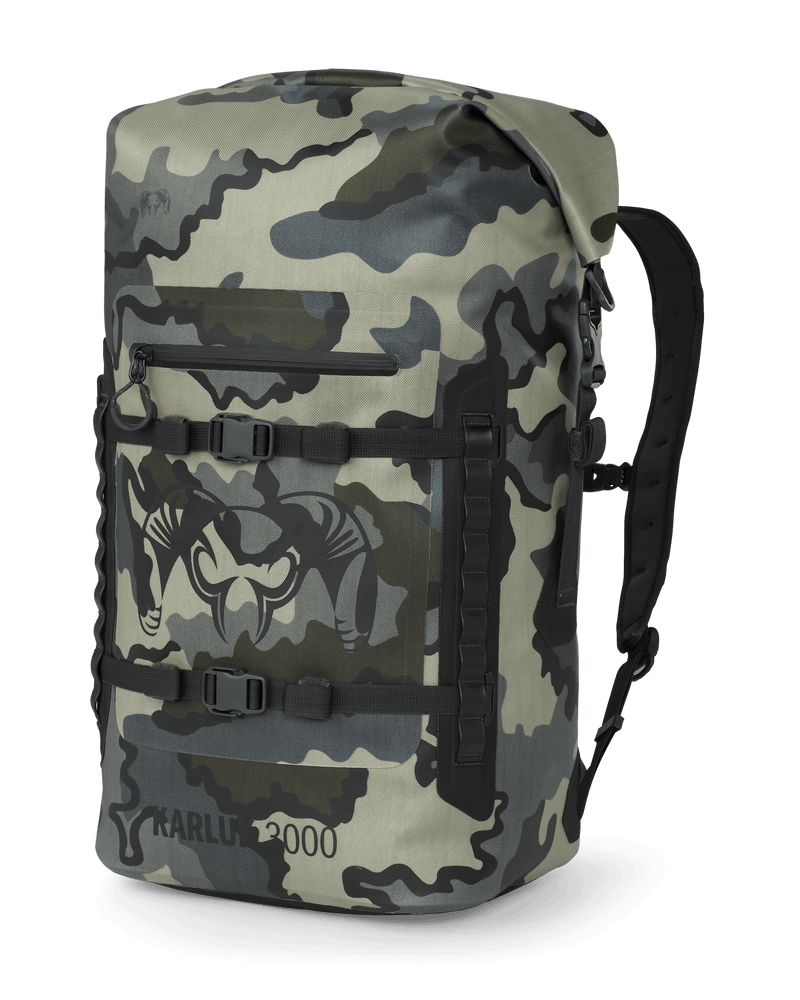 Front of Karluk 3000 Roll Top Dry Backpack in Vias Camouflage