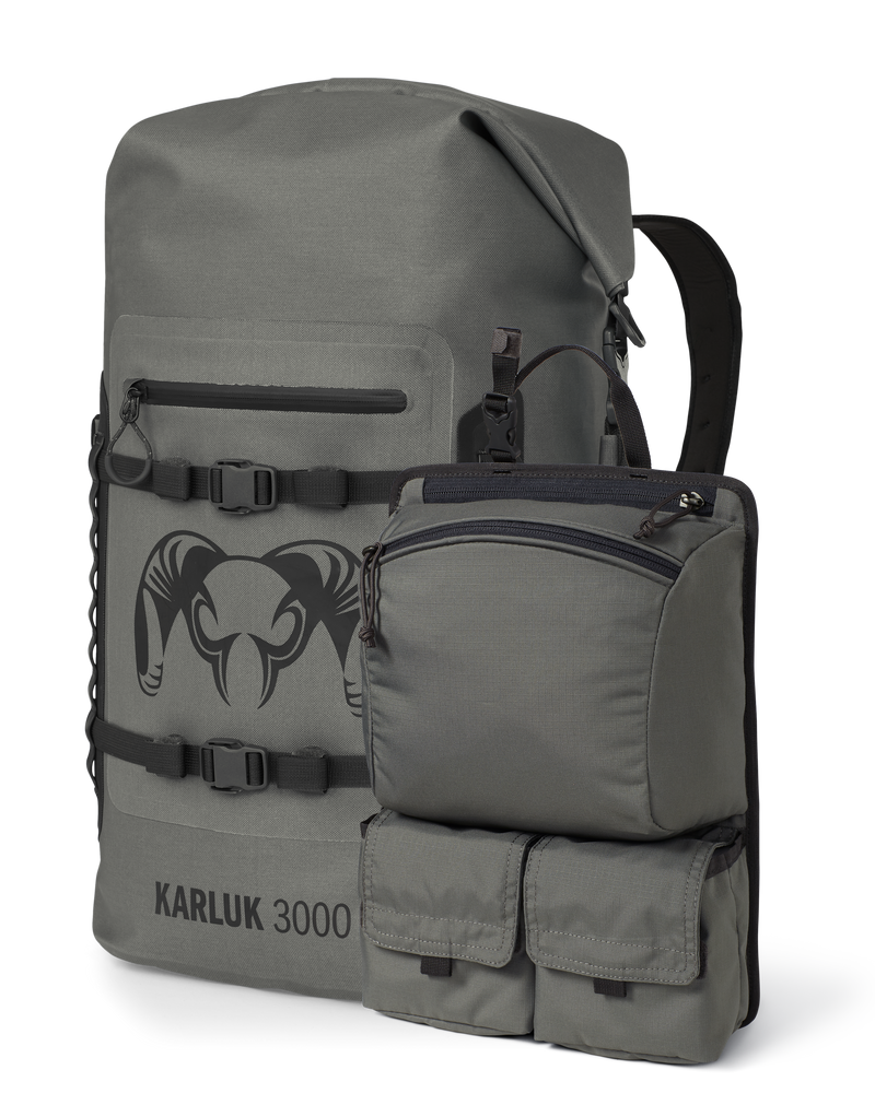 Set of Karluk 3000 Roll Top Dry Backpack and Welded Backpack Removable Organizer in Stone Grey 