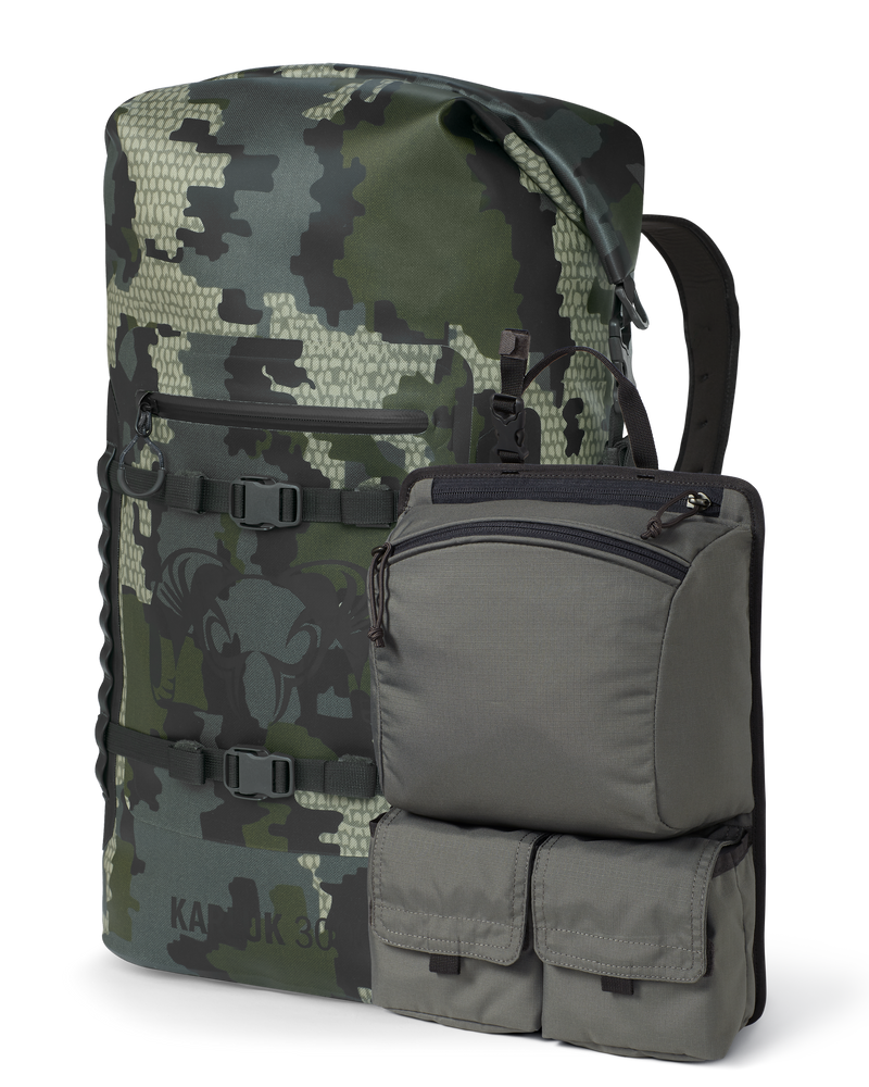 Set of Karluk 3000 Roll Top Dry Backpack in Verde Camouflage and Welded Backpack Removable Organizer in Stone Grey 