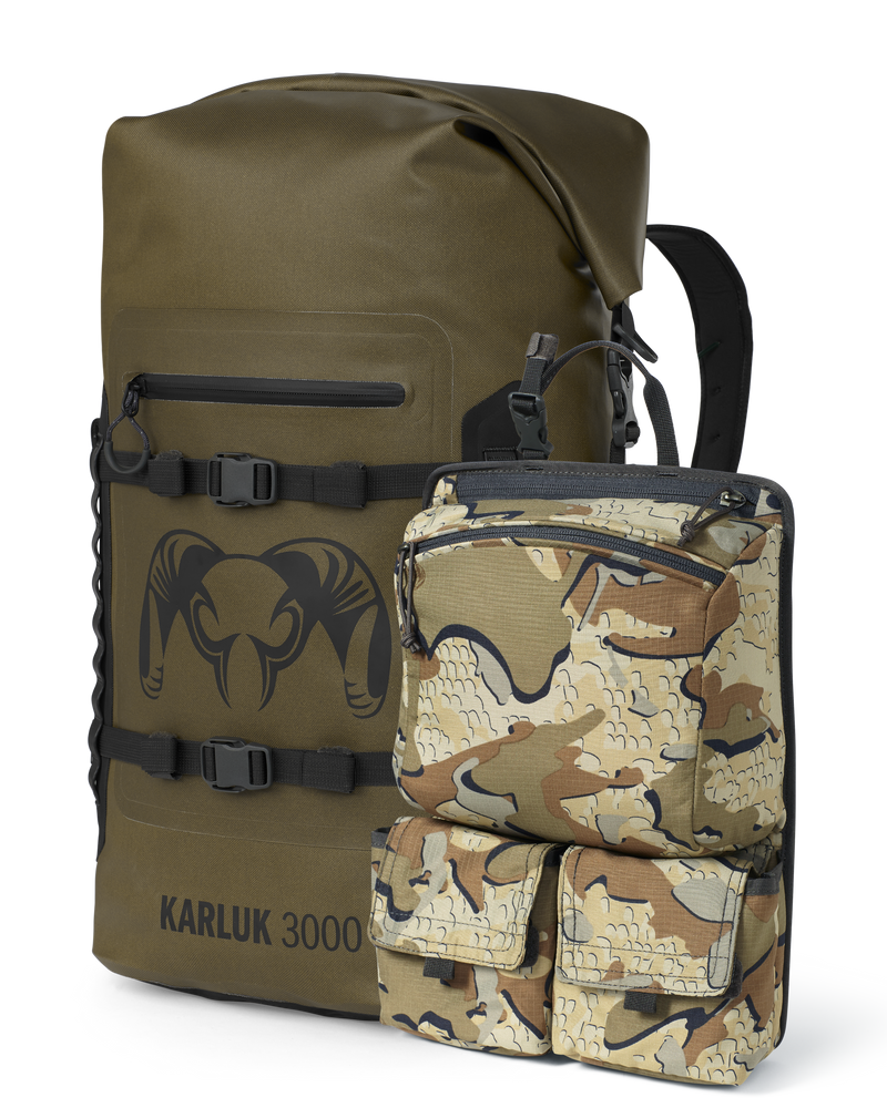 Set of Karluk 3000 Roll Top Dry Backpack in Coyote Brown and Welded Backpack Removable Organizer in Valo Camouflage