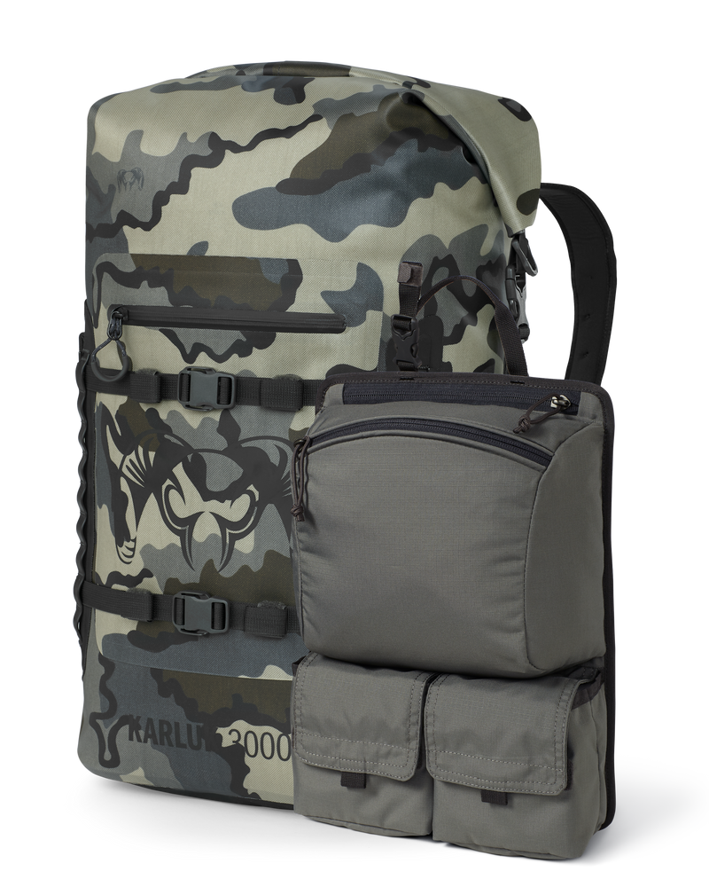 Set of Karluk 3000 Roll Top Dry Backpack in Vias Camouflage and Welded Backpack Removable Organizer in Stone Grey