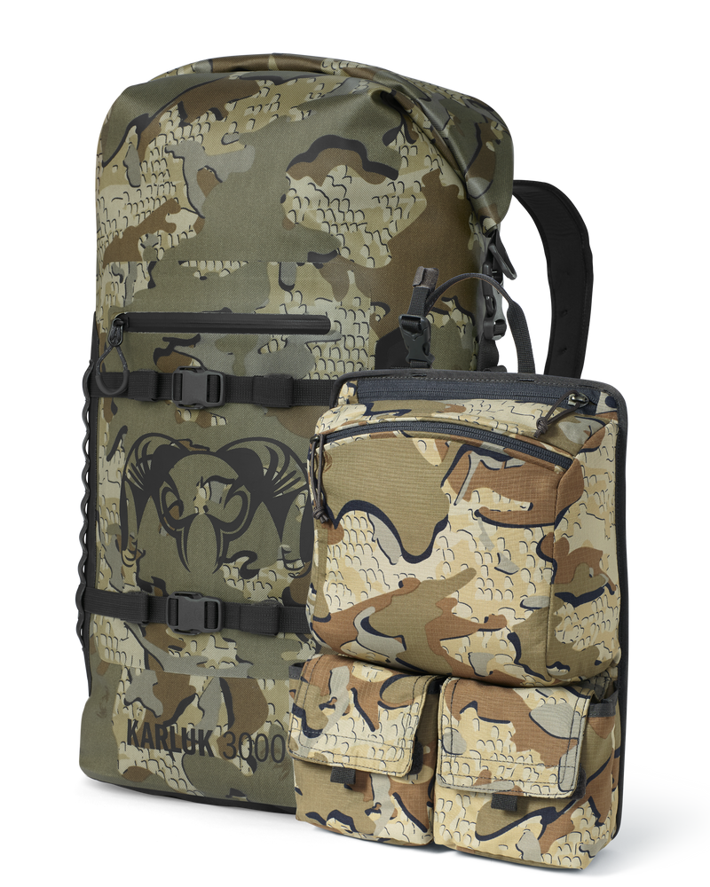 Set of Karluk 3000 Roll Top Dry Backpack and Welded Backpack Removable Organizer in Valo Camouflage