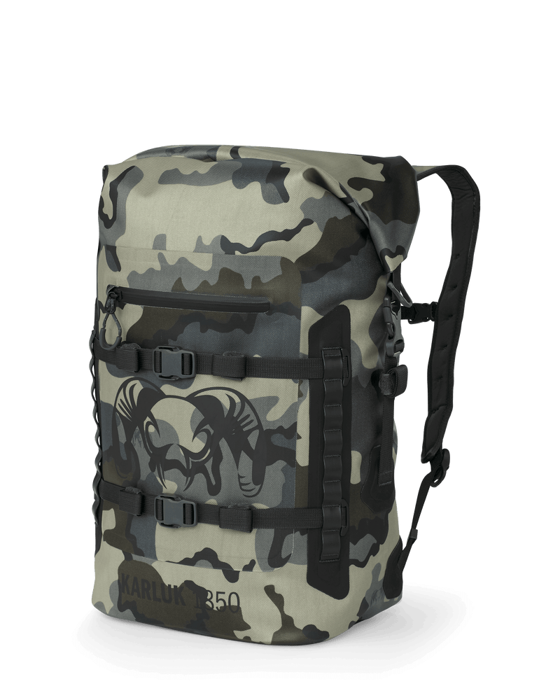 Front of Karluk 1850 Roll Top Dry Backpack in Vias Camouflage