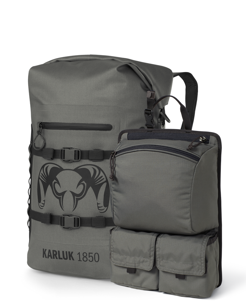 Set of Karluk 1850 Roll Top Dry Backpack in Stone and Welded Backpack Removable Organizer in Stone