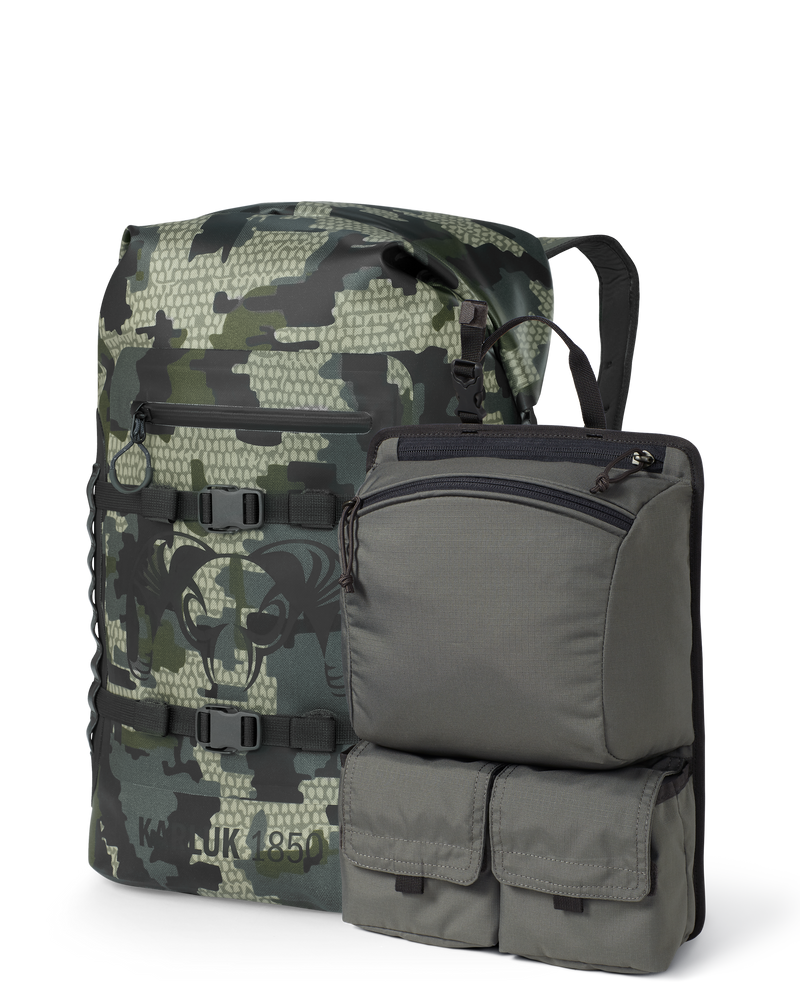 Set of Karluk 1850 Roll Top Dry Backpack in Verde Camouflage and Welded Backpack Removable Organizer in Stone Grey